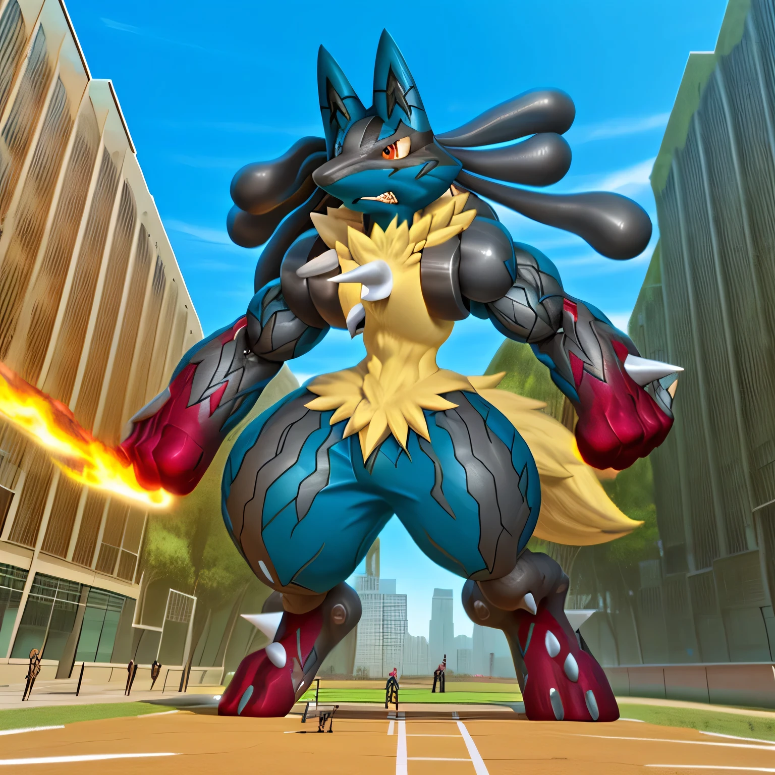 (masterpiece. official art. 8k. best quality. detailed full body. full body.)

(situation 1 : dominating mega lucario. focus GIANT mechanical Muscular mega lucario is trampling the CITY. macro. stomp. Low-angle perspective. emphasizing the immense size. The perspective is from below, emphasizing the sheer majesty and power of the Giant. giant art. He is much bigger than a skyscraper. Giga Giants. micro soccer field. looking down.)

(situation 2 :smoke and flames rising from the destruction in the city)

(Additional details 1: wearing a full-face helmet. high-tech bio-mecha armor. real texture material. whole body shines like metal. Wearing cyberpunk mecha. emphasizes the muscles. suit fully made of metal. intricate armor. Robotic suit. suit fully made of metal. cyborg. Powered exoskeleton with the same design as mega lucario).

(Additional details 2: (Detailed head. Detailed Body. Detailed abs. gigantic muscles. HYPER MUSCLES. Gigachad Muscular. big muscle. pecs. triceps. traps. unusually developed muscular body. body full of huge muscles. showing off muscles. pectorales enormes. Exaggeratedly huge muscles. huge muscles. long legs.).