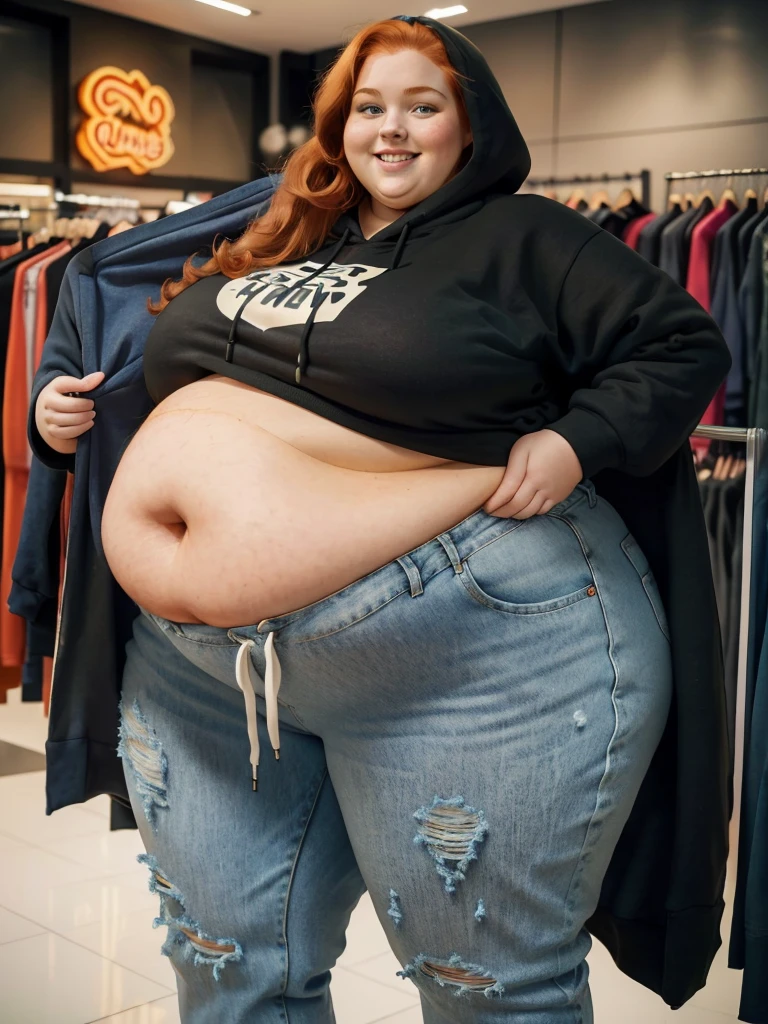 A happy photo of a young cute redhead bbw with long wavy ginger hair, huge soft fat belly, wide fat obese hips, thick fat legs and fat arms, cute pretty face, small breasts, blue eyes, freckles, in a cute simple tight black hoodie with, and long ripped jeans trousers, shopping new hoodies in a clothes shop