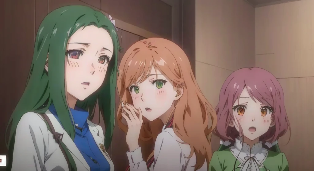three anime girls with long hair and green eyes standing in a room, today's featured anime still, still from tv anime, 2 0 1 9 anime screenshot, still from anime, anime still image, screenshot from guro anime, anime screenshot, anime screencap, screenshot from the anime film, screenshot from a 2012s anime, anime still