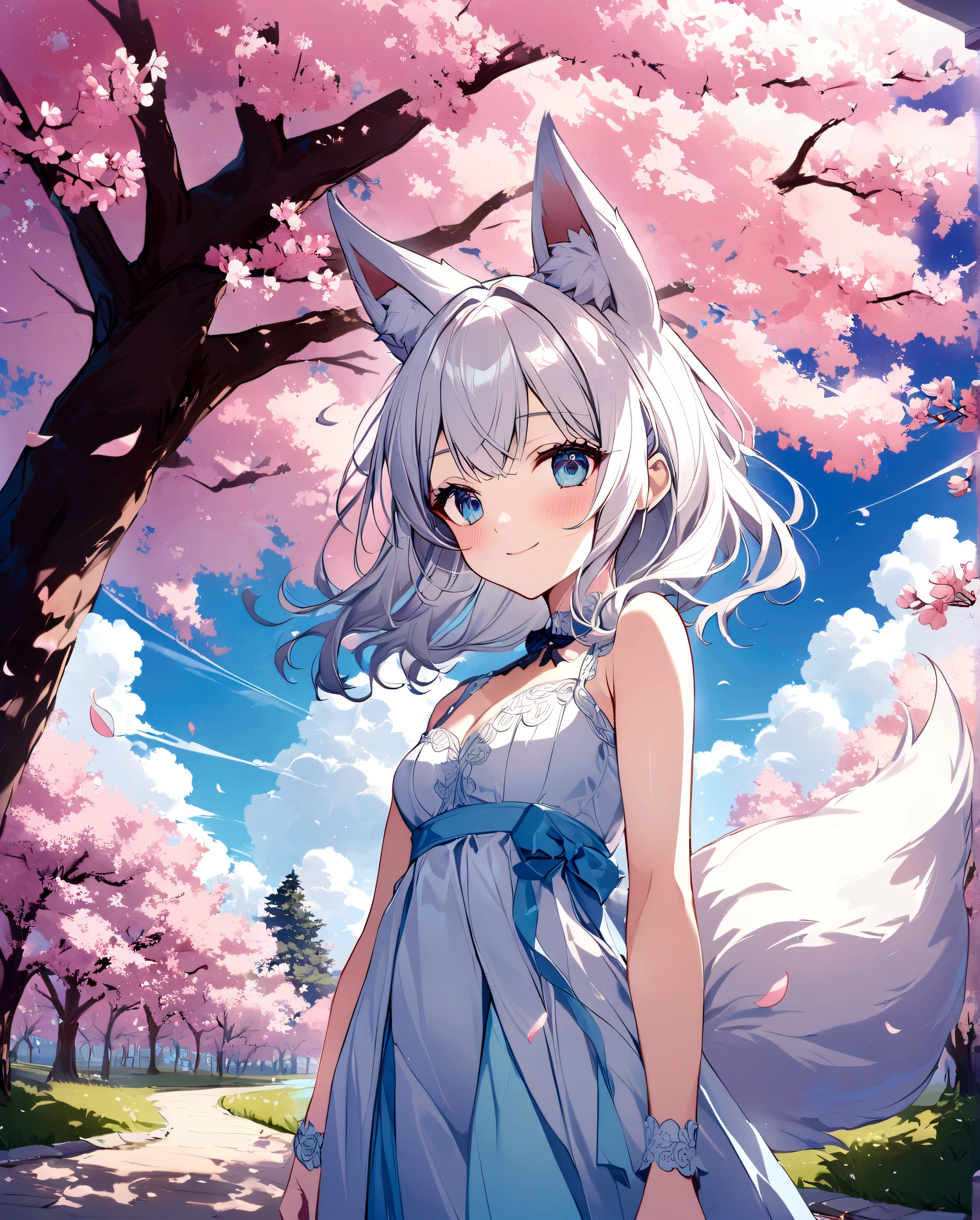 Scenery with A nekogirl princess ((neko ears)) ((fox tail)) white hair, bright light blue eyes, smile in foreground beautiful colours, trees , cherry blossom , High quality image, full details, nice colour, master peace, bright colours, clouds wallpaper, most beautiful blue sky and clouds