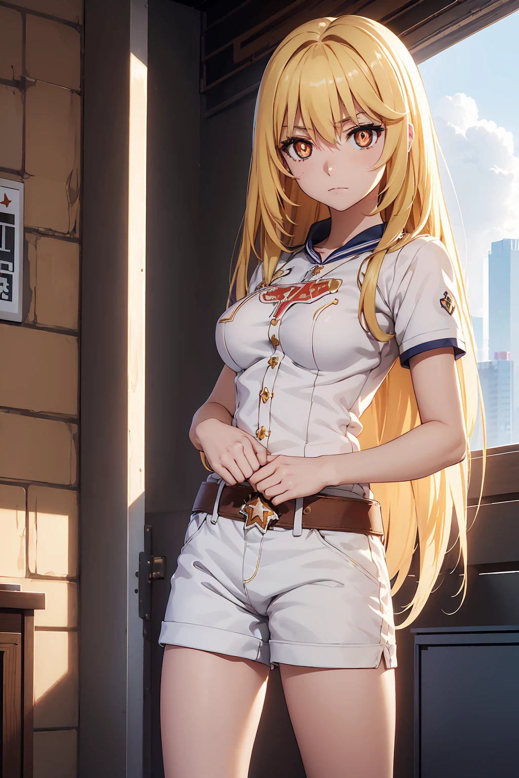 NSFW Highest quality, (masterpiece:1.2),{{Shirt lift}} {{{{{topless}}}}++,misaki shokuhou blonde, Shorts, White knee socks, Destroy Outdoor, city, null, sun, cloud, 壊す looking at viewer, (Cowboy Shot:1.5), Breaking long hair, (Symbol-shaped pupil:1.5)++, (Big Breasts), (masterpiece:1.2), Highest quality, High resolution, unity 8k wallpaper, (shape:0.8), (Beautiful attention to detail:1.6), Highly detailed face, Perfect lighting, Extremely detailed CG, (Perfect hands, Perfect Anatomy), Bedroom Mood lighting 白いShorts sit M-shaped legs
