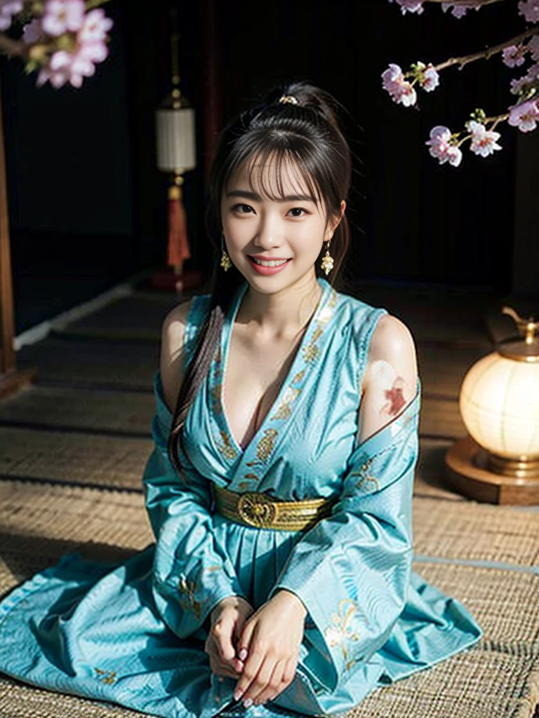 A girl , idol, detailed shrine maiden clothes, Full body shot, turquoise blue and gold shrine maiden clothes, Luxury shrine maiden clothes with detailed embroidery, bare shoulders, long hair, wearing transparent , best quality, (hair ornament:1.35), jewelry, earrings, cherry blossoms, lantern light, depth of field, detailed face, face focus, ribbon_trim, (looking at viewer:1.25), nontraditional miko, shiny skin, long sleeves, Beautiful firm cleavage, beautiful clavicle. big smile , thick lips, (blurry background:1.2), sitting, from below, Chinese style