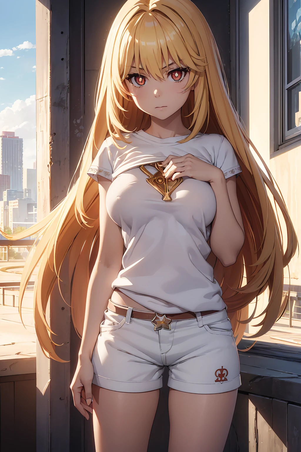 NSFW Highest quality, (masterpiece:1.2),{{Shirt lift}} {{{{{topless}}}}++,misaki shokuhou blonde, Shorts, White knee socks, Destroy Outdoor, city, null, sun, cloud, 壊す looking at viewer, (Cowboy Shot:1.5), Breaking long hair, (Symbol-shaped pupil:1.5)++, (Big Breasts), (masterpiece:1.2), Highest quality, High resolution, unity 8k wallpaper, (shape:0.8), (Beautiful attention to detail:1.6), Highly detailed face, Perfect lighting, Extremely detailed CG, (Perfect hands, Perfect Anatomy), Bedroom Mood lighting 白いShorts sit M-shaped legs