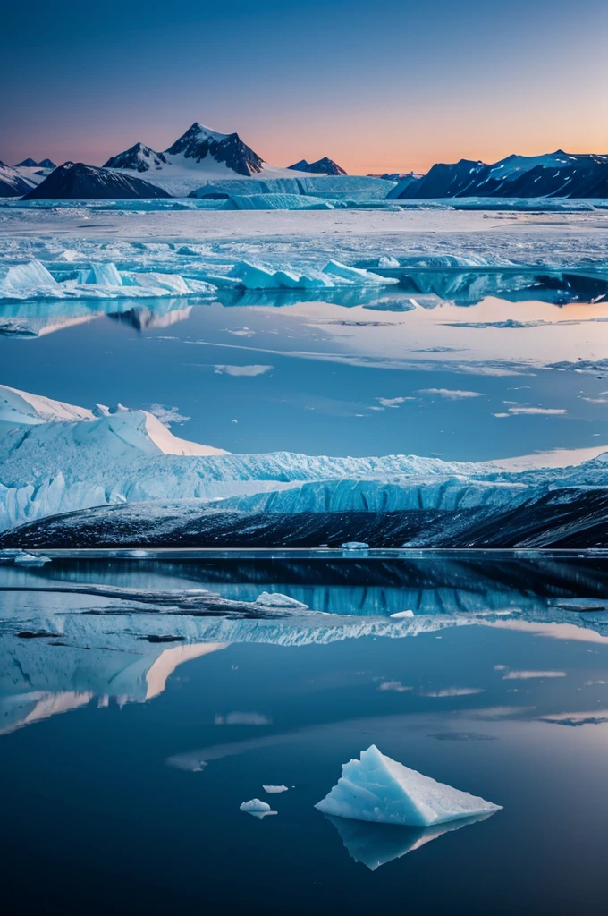 Glacier in the middle of the arctic at night with reflection during the day.in view of