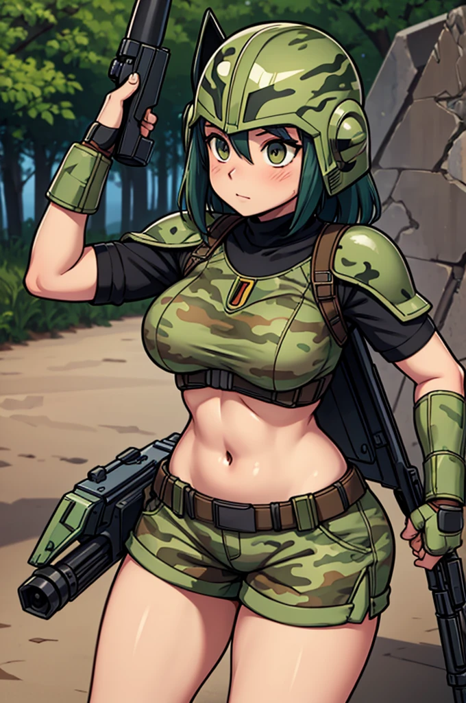 Mandalorian female, Mandalorian girl, Mandalorian helmet, reinforced helmet, shorts, curvy, thick thighs, wide hips, slim waist, action pose, camo, camouflage, camo armor, firearm, weapon, rifle