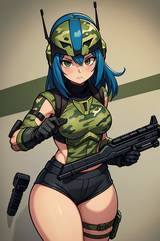 Mandalorian female, Mandalorian girl, Mandalorian helmet, reinforced helmet, shorts, curvy, thick thighs, wide hips, slim waist, action pose, camo, camouflage, camo armor, firearm, weapon, rifle