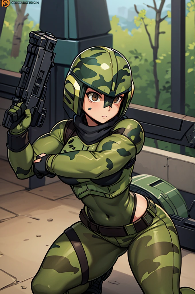 Mandalorian female, Mandalorian girl, Mandalorian helmet, reinforced helmet, shorts, curvy, thick thighs, wide hips, slim waist, action pose, camo, camouflage, camo armor, firearm, weapon, rifle