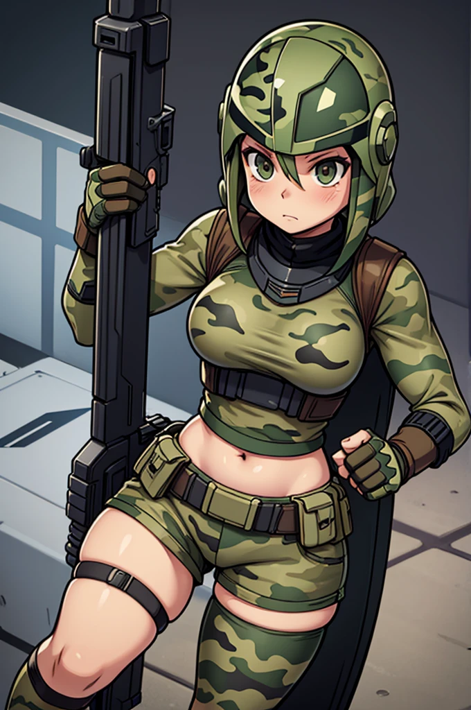 Mandalorian female, Mandalorian girl, Mandalorian helmet, reinforced helmet, shorts, curvy, thick thighs, wide hips, slim waist, action pose, camo, camouflage, camo armor, firearm, weapon, rifle