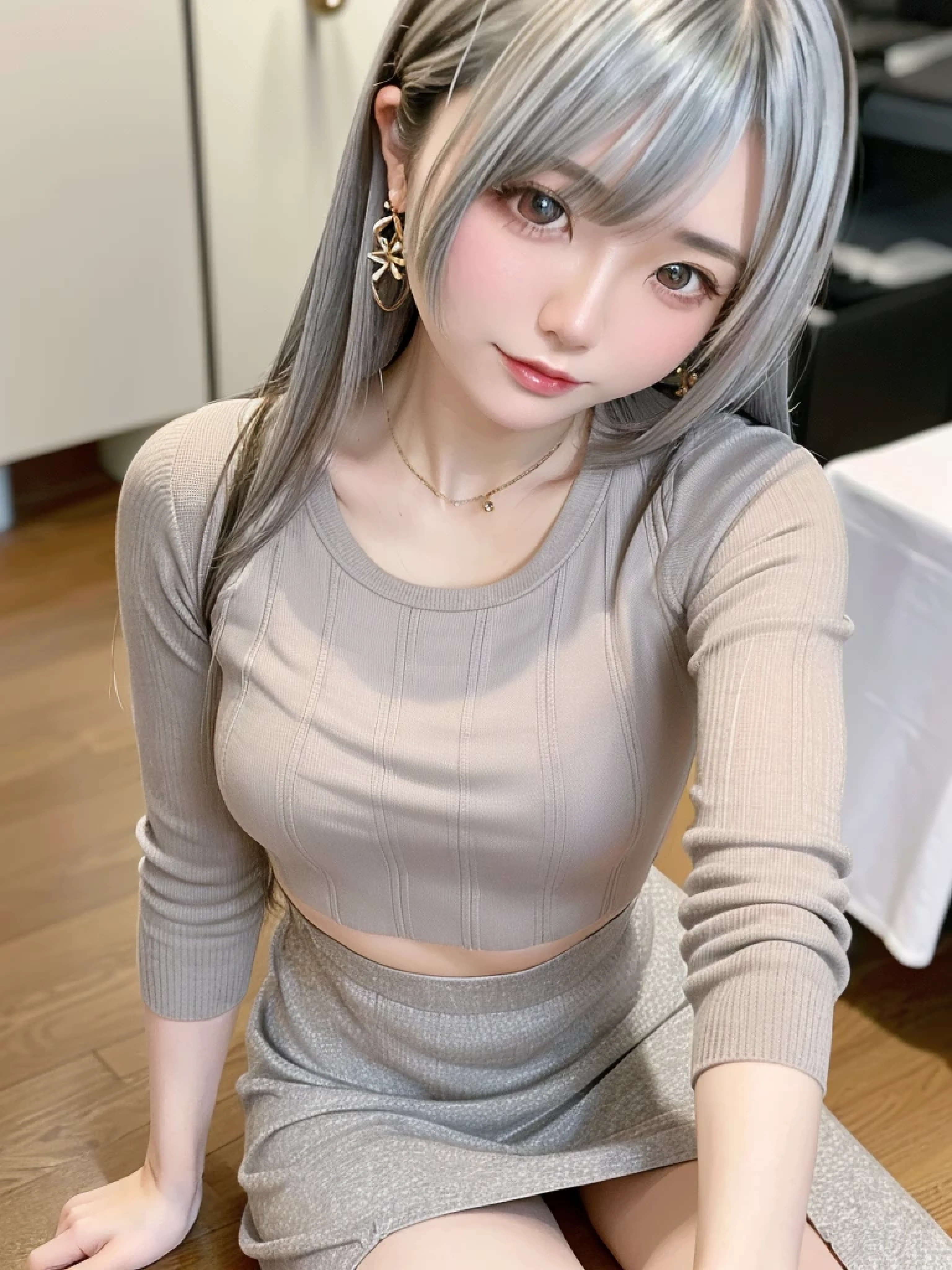 8K, RAW Photos, Fujifilm, Beautiful 20 year old woman style photo, (((Gray Hair:1.3,美しいGray Hairのストレートヘアー、シルキーなGray Hair)))、(((See-through clothing:1.5,Fashionable clothes))) Gold earrings, (Highly detailed skin: 1.2), Light medium brown hair, Film Grain, 35mm, Cute Style、(((Sitting 1.5)))、Selfie、Spread your legs、sexy、erotic、Upward glance、Top View、skirt