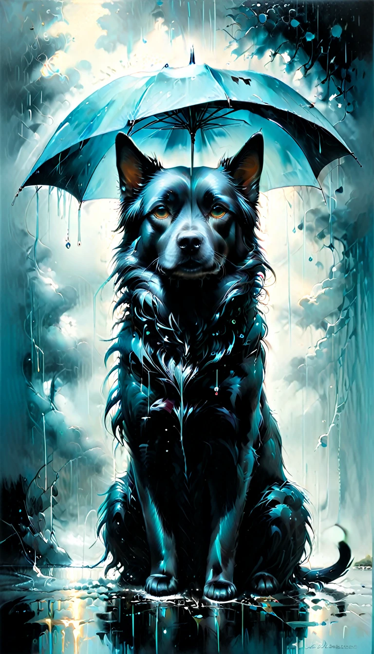 a black dog and cat in the rain, in the style of jim manfood, light gold and sky-blue, aron wiesenfeld, soggy, jon mcnaught, muted colors, light brown and dark aquamarine