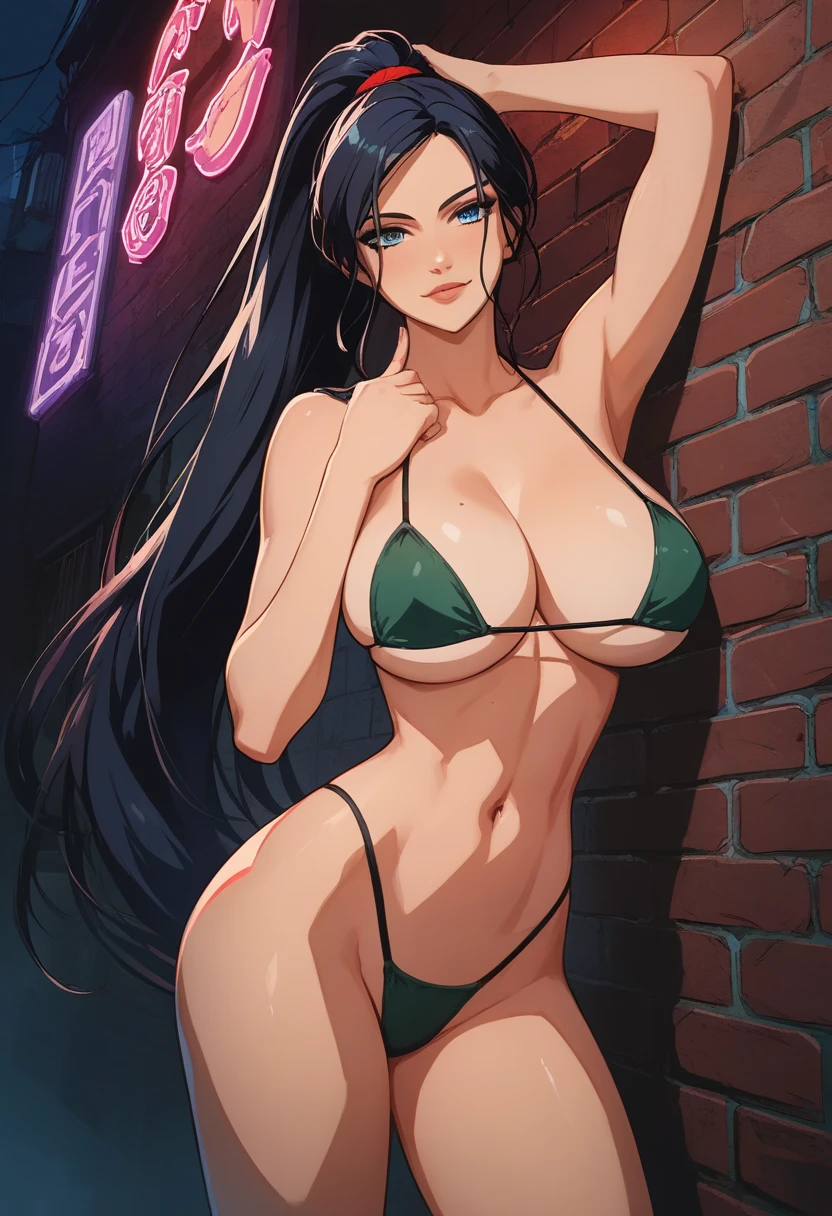 score_9, score_8_up, score_7_up, score_6_up, score_5_up, score_4_up, 1girl, Triss Merigold, (close up shot, upper body), view from front, athletic, ponytail, (very long black hair:1.3, big bright blue eyes, large ), facing viewer, closeup of face, seductive look, cleavagd back, (wearing black micro bikini), standing, tiny waist, flat stomach, neo tokyo well lit highrise building, filled with neon signs, well lit by red neon lights, translucid, leaning against wall, pinup pose, official art, masterpiece, (anime, cel-shaded), source_painted_concept_art, source_anime, BREAK