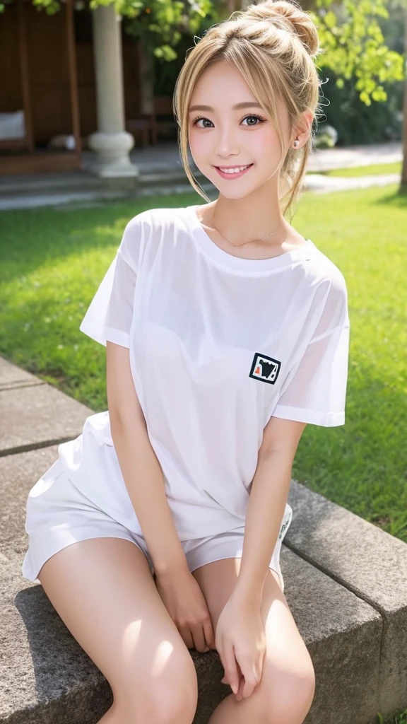 Best Pixels、Highest quality、Highest quality、masterpiece、blonde、High Ponytail、summer、date、White shorts、sexy、T-Shirts、smile、Beautiful feet、Big eyes、Panty shot、Genuine、Sharp eyes、double eyelid、Young Japanese Woman