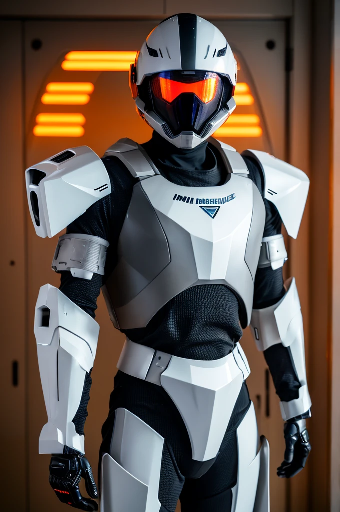Man wearing futuristic sci-fi composite single-soldier combat mechanical armor,helmet,Gray and white armor,Orange light