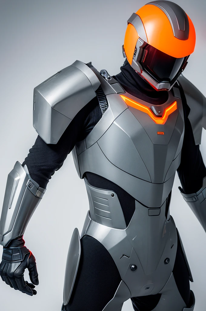 Man wearing futuristic sci-fi composite single-soldier combat mechanical armor,helmet,Gray and white armor,Orange light