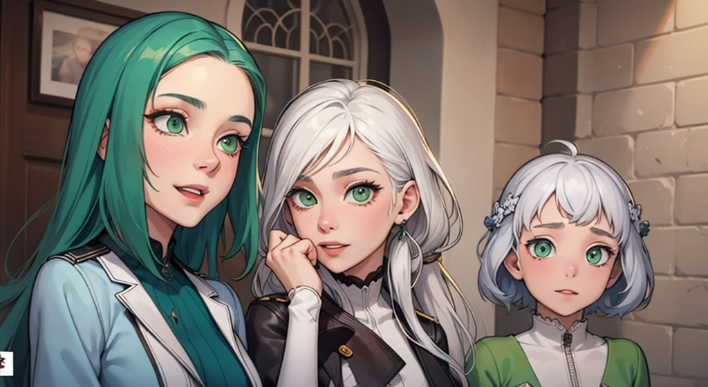 There are three 18-year-old girls with white hair and green eyes, they are delighted, in love, looking at someone.