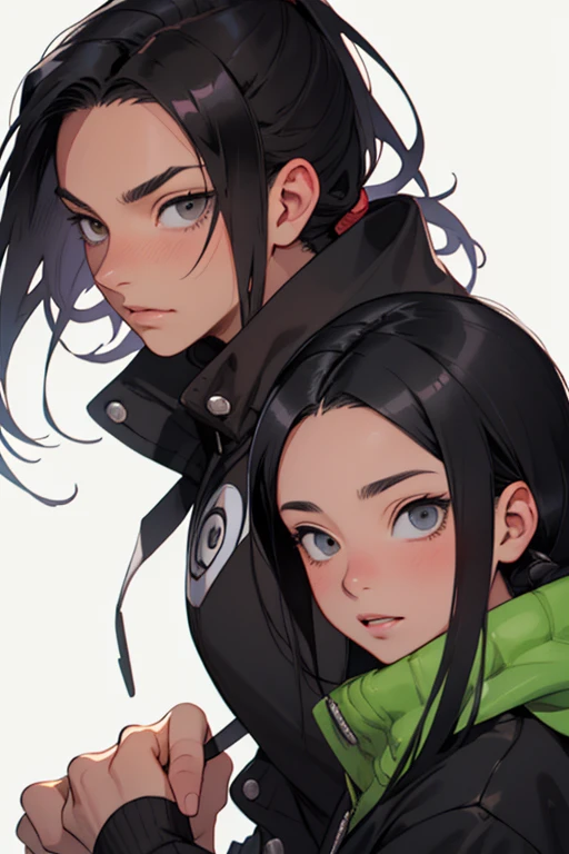 ((best qualityer)), ((work of art)), (detailded), 2 girls, Neji Hyuga, rock lee, from the Naruto universe, Male characters, soft strokes, watercolor senario. Rock Lee: calo tigelinha, round black eyes. Neji: long calluses,dark brown, light lilac pearly eyes,.