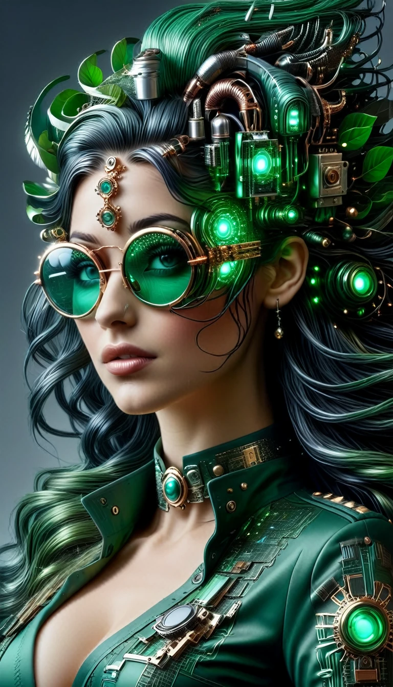 Un portrait hyperréaliste d’une sublime femme heureuse aux longs cheveux vert sombre foncé, portant une robe en dentelle blanche avec des accessoires steampunk, (elle porte des lunettes formées d'éléments circuitrytech : 1.8, ((lunettes de forme fractales avec un système complexe formé de loups et d’accessoires circuitrytech)),système très détaillé), cheveux_très_longs, situé dans une pièce de style victorien avec des éléments mécaniques, poitrine décolletée effet push-up , regard intense et sensuel 