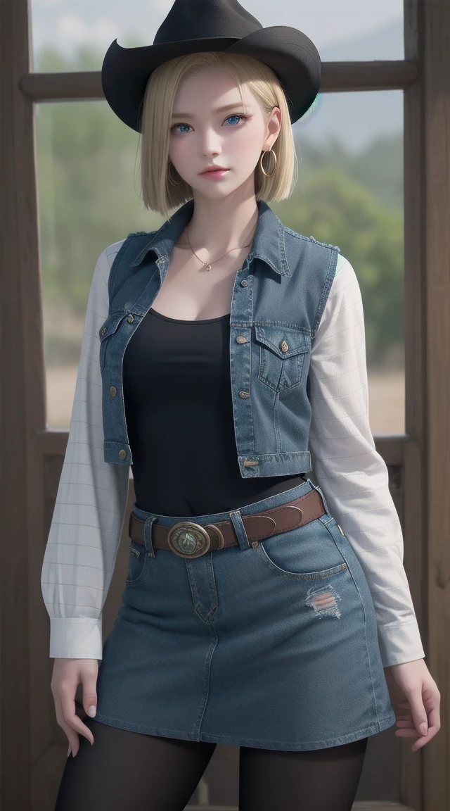 Android 18, Blonde hair, blue eyes, eyelash, Hoop Earrings, short hair, Earring straps, Pantyhose, Collar，shirt,Cowboy hat， 胸pocket,Pistol on waist，  clavicle, denim, denim skirt, Cowboy shooting，ハイウエストskirt, Jewelry, Long sleeve, pocket, shirt, shirt tucked in, skirt, Striped, Striped sleeves, Vest,The right move,Japanese Attractions Background
