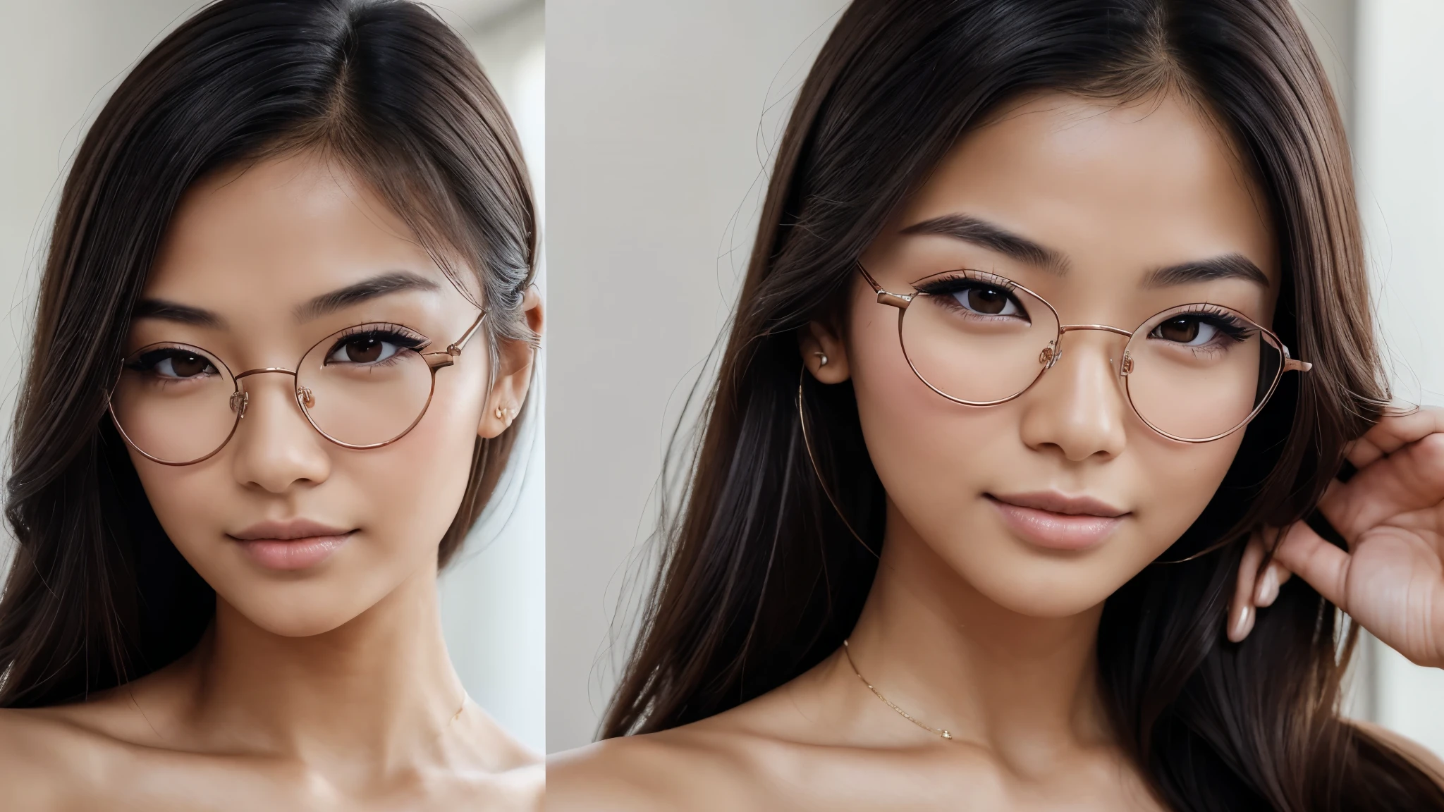 ((Beautiful)+nerd:0.8+cute:0.9) asian_woman, 20_years_woman, young_facial_feautures, (short_head:1.5 round_face:1.5), long_hair straight_hair (black_hair:1), symmetric_eyes:1 monolid_eyes:1 large_eyes:1.2 short_eyes:1.2 eye_wings:0.8 brown_eyes:1.5 mahogany_brown_eyes:1, double_eyelid:0.8, small_eyebrows:1.5 rounded_eyebrows:1.3, (tanned_skin:1.3), european_nose:1 delicate_nose:1.2, young_gorgeous_woman, feminine_cheeks large_cheeks:1.3 round_cheeks:1.2 cheek_dimples:0.9, small_lips:1.4 pink_lips:0.9, most_beautiful_woman (1Woman:1.5, (Masterpiece, 8K, best quality, highres:1.5), (three_quarter_shot:1.5, looking_at_viewer:1.5, body_looking_at_viewer:1.5), white_photoshoot:1, white_room:1, white_backdrop:1.5, standing, neutral_body_posture:1.5, (neutral_facial_expression:1.5, closed_lips:1), wearing white_strapless_mini_dress), slender_body:1, short_body:1, (big breasts:1.3), sexy glasses