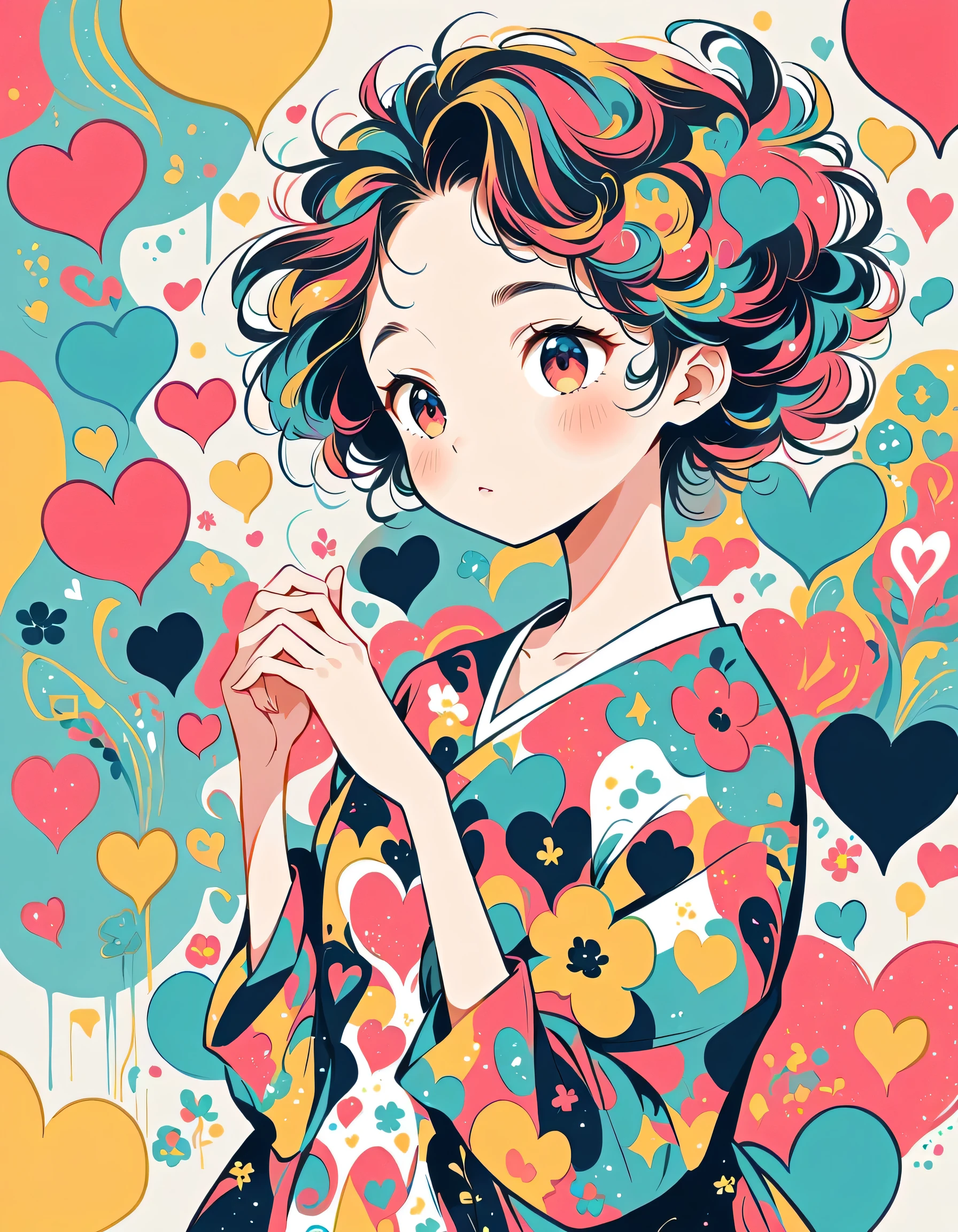 Black Star Red and White style, Simple Line Initialism,Abstract art,Urban Background, colorful hearts ,colorful flowers, (((The most beautiful girl of all time))), playing, Cute and colorful amoeba