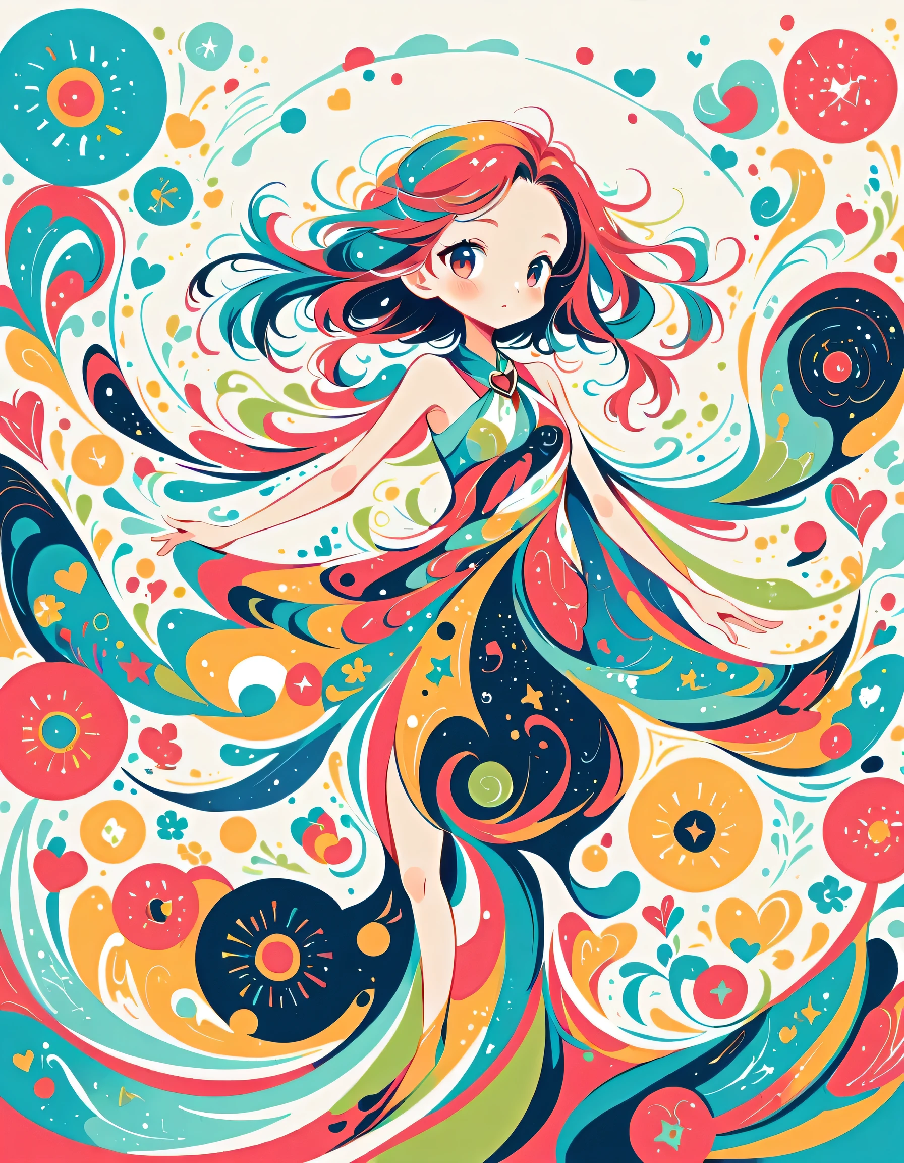 Black Star Red and White style, Simple Line Initialism，Abstract art，Urban Background, colorful hearts ,colorful flowers, (((The most beautiful girl of all time))), playing, Cute and colorful amoeba