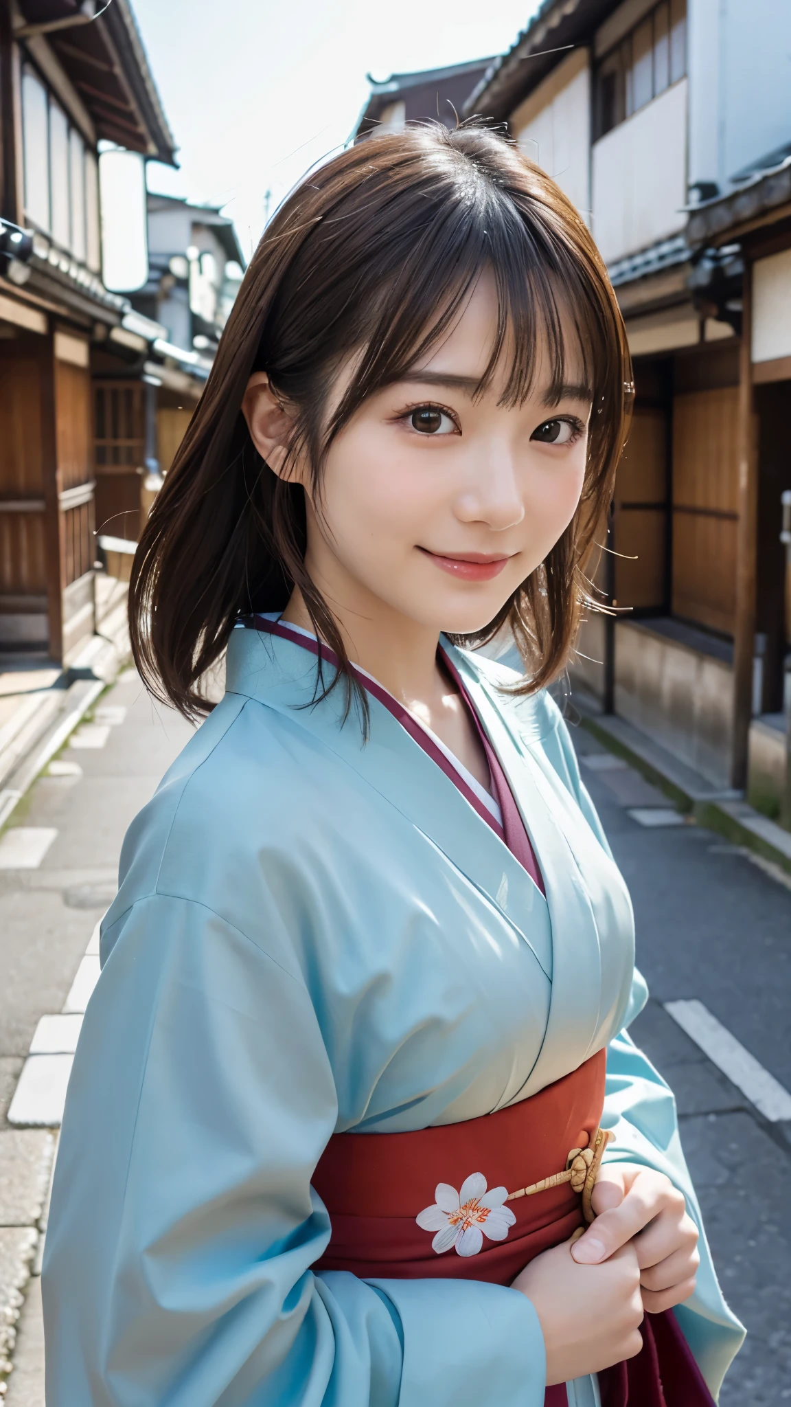 Professional Lighting,(Realistic:1.4), (Top image quality:1.0), (超High resolution:1.0), 8K, Raw photography, (masterpiece:0.2), (Dealing with the Children_v1:0.5)、(highest quality Detail:1.2)、Realistic、8k Ultra HD、High resolution、(1 Girl:1.2)、Super detailed、High quality textures、Complex details、detailed、Very detailed CG、High quality shadows、detailed Beautiful and delicate face、Beautiful details and a delicate eye、(Symmetrical eyes:1.2),Written boundary depth、Ray Tracing,1 Girl, Japanese Girls, (Natural smile:1.4),cute, thin, Portrait of a beautiful Japanese woman in a kimono, Standing elegantly on a street corner in Kyoto. Kimono with vibrant traditional patterns, Hair decorated with elegant and delicate hairpins, Gentle expression. (With the old streets of Kyoto in the background:1.4)、The soft light of a spring afternoon、Adding tranquility to the scene. Rendered in a Realistic style with great attention to detail, High resolution images.Sky Porn, Magic Hour, (Realistic:1.3), finely, quality, (Tabletop:1.2), (Realistic:1.2), (highest quality), (Complex details), dramatic, Ray Tracing, photograph, +roller Walking the streets of Kyoto、