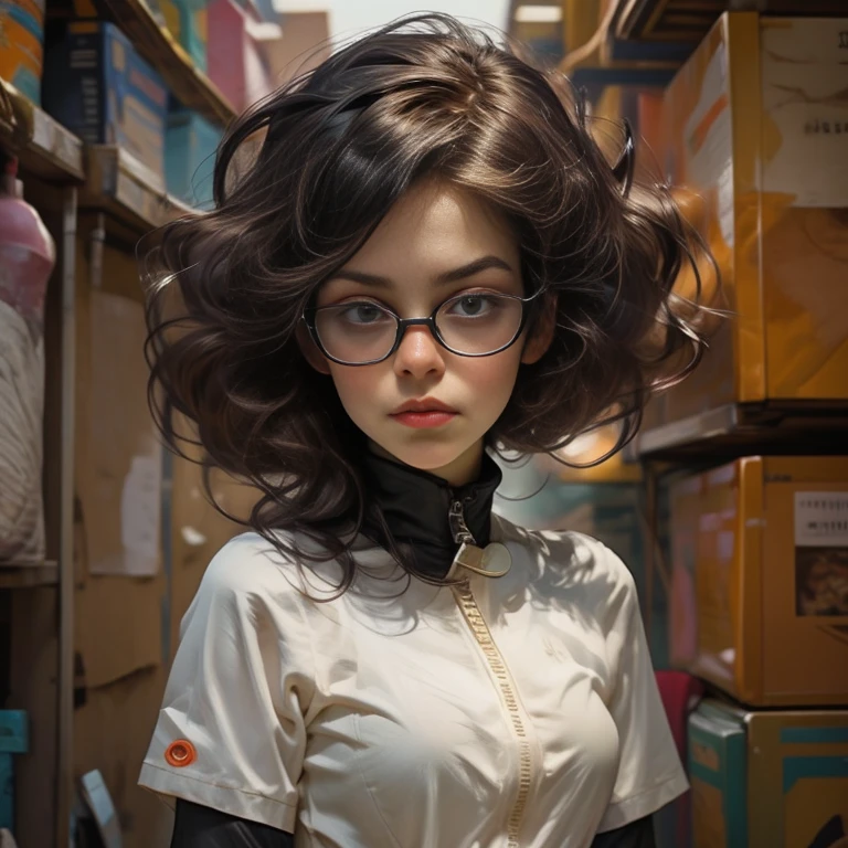 Pick up your glasses_Place the tip of the glasses on your mouth＿A pensive person＿A young and extremely beautiful woman、Frowning and a stern expression、Medium hair of maroon color、Beautiful Skin、Ideal proportions、Big Breasts、Narrow waist、Big Butt、business suit、At the office