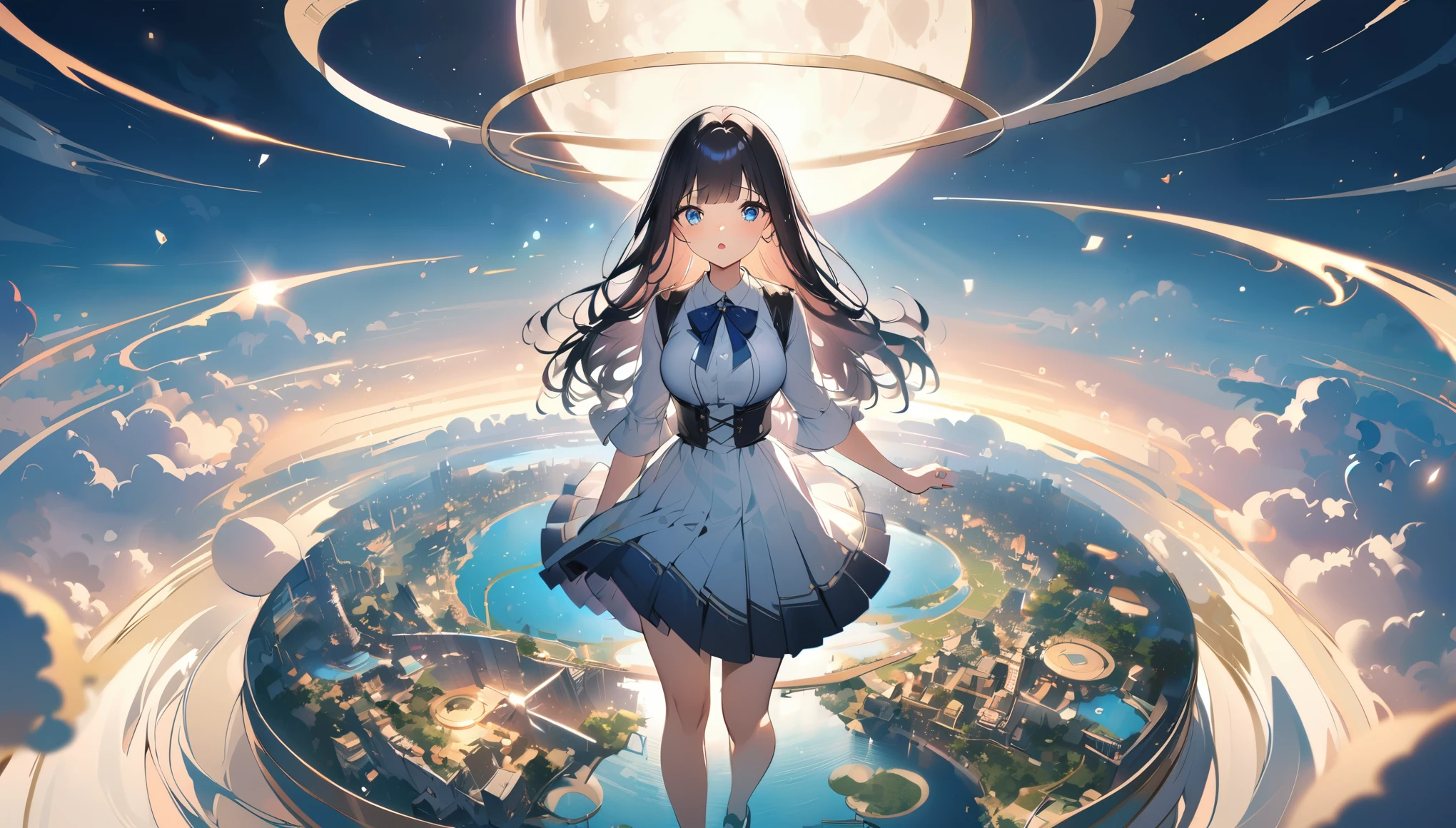 BREAK 1 girl, long hair, black hair, straight hair, short bangs above brows, blue eyes, (worried), open mouth,
BREAK (masterpiece), (high resolution 8K), cinematic lighting, professional lighting, detailed eyes and face, detailed body,
BREAK white shirt, blue bowtie, pleated skirt,
BREAK very wide, panorama view, sense of depth, magnificent view,
BREAK above the clouds, in the sky, large full moon, round frame background, circle frame background, best illuminate, wonderland, some floating island, floating city, floating girl, weightlessness, zero gravity,