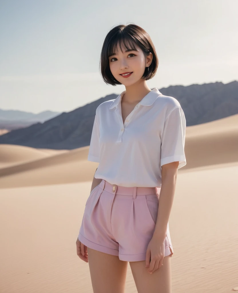 (Canon RF85mm f/1.2,best quality,Reality:1.4,light),Best quality,masterpiece,Ultra-high resolution,(Realism:1.5),original photo,A girl,(Alone),masterpiece,high quality,最high quality,Fine line art,Highly detailed,A girl,Black short hair,low collar,Romantic scene,In the desert,Pink shorts,Smiling