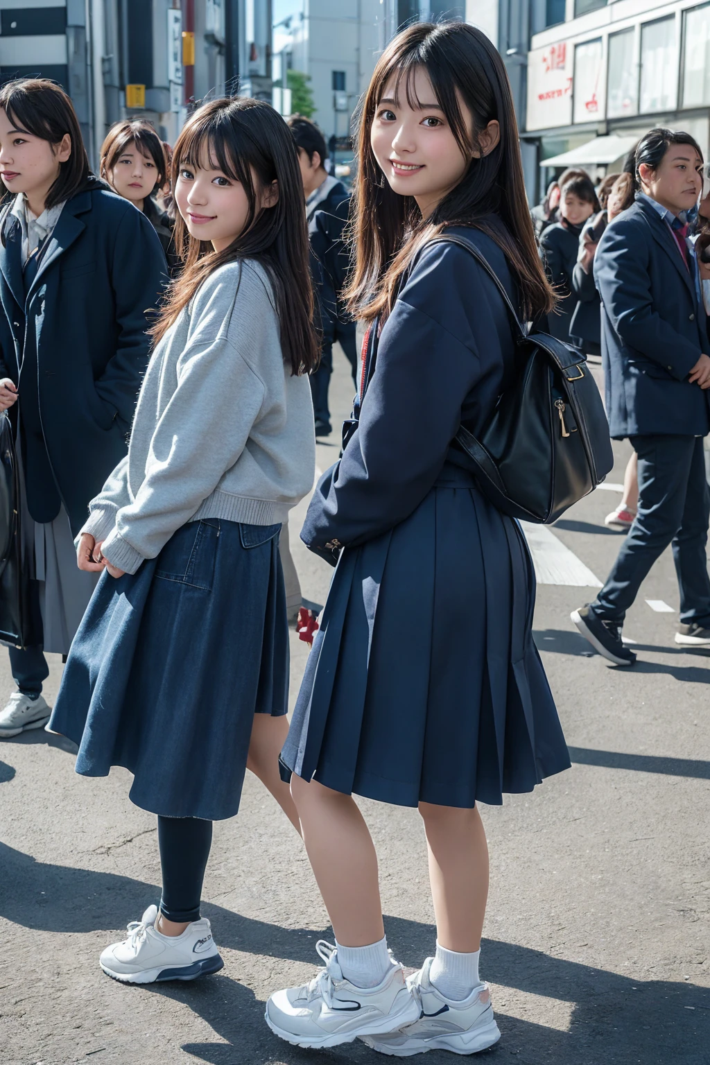 a Beautiful Japanese high school girl, standing on the load, from side, medium long hairstyle, , skirt, sneakers, full body, smile, looking at camera, sunny at noon winter, Tokyo crowded with people, anamorphic, flare, High Dynamic Range Shot, photograph, 4K
