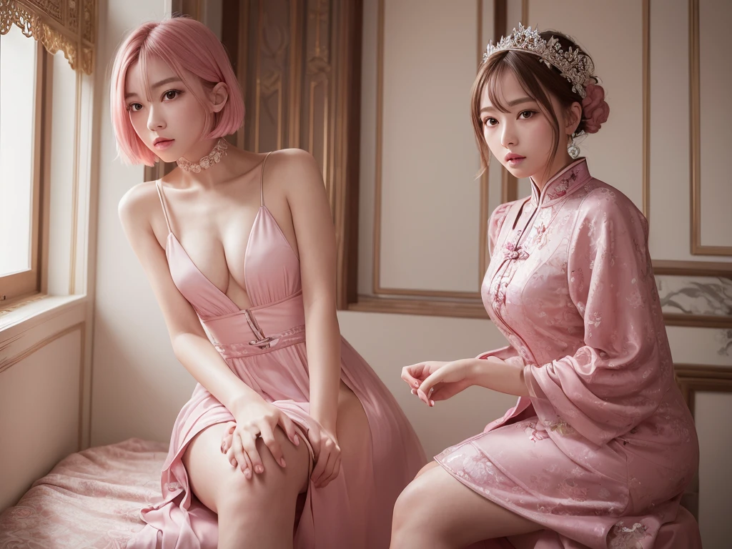 (Highest quality)、( masterpiece)、(8K)、Sitting by the big window、Very luxurious palace、Bright natural light、Anatomically correct、Elegant and perfect figure、Beautifully detailed hair and deep eyes、Short Bob、Pale pink hair、Wearing a pink Chinese dress、16 years old