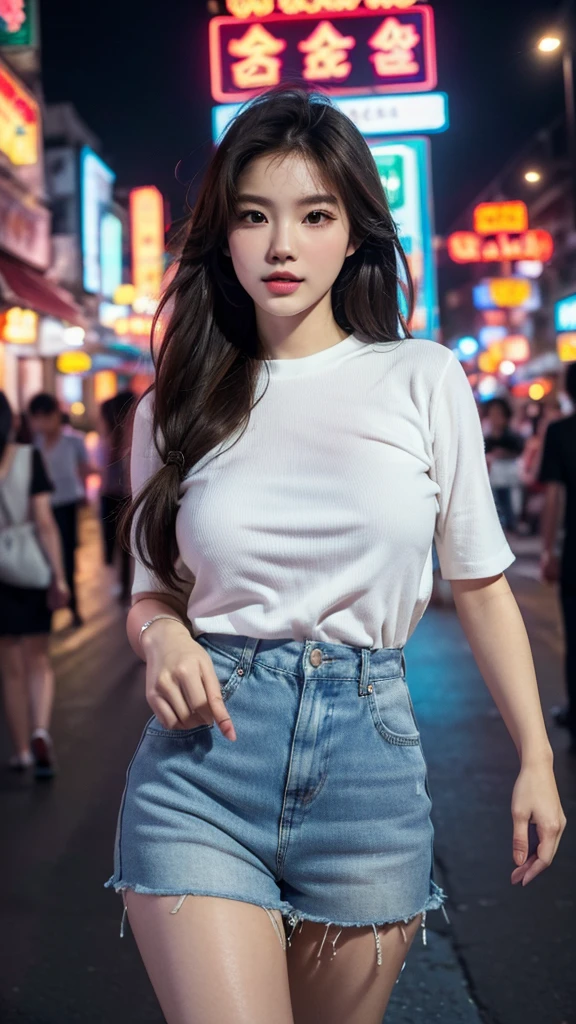 (best quality,16,000,high resolution,masterpiece:1.2),very detailed,(realistic,realistic,realistic:1.37),Fashion Beauty,Thai and Korean beauties,Cute and innocent,Eyes and face are detailed,beautiful and delicate lips,white teeth,long eyelashes,slime,The clothes are fashionable,shorts short skirts,plump upper circumference,big bust,split,(Beloved,attractive:1.1),colorful Street Food Yaowarat Chinatown Street background,stylish clothes and accessories,The texture of the clothes is soft,portrait style photography,vivid colors,Street lamp.