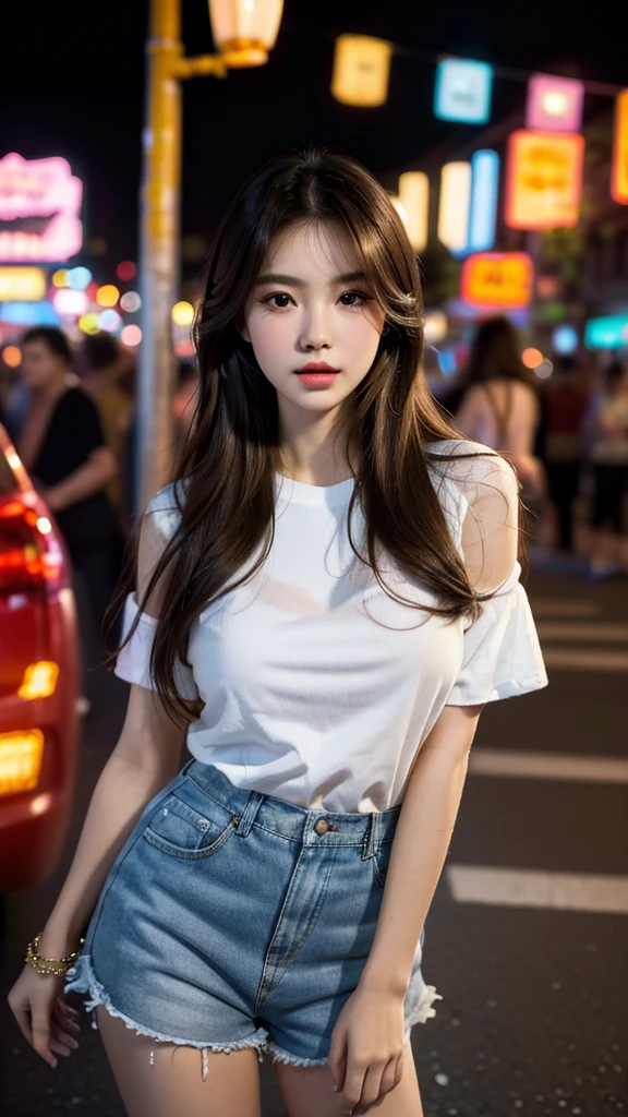 (best quality,16,000,high resolution,masterpiece:1.2),very detailed,(realistic,realistic,realistic:1.37),Fashion Beauty,Thai and Korean beauties,Cute and innocent,Eyes and face are detailed,beautiful and delicate lips,white teeth,long eyelashes,slime,The clothes are fashionable,shorts short skirts,plump upper circumference,big bust,split,(Beloved,attractive:1.1),colorful Street Food Yaowarat Chinatown Street background,stylish clothes and accessories,The texture of the clothes is soft,portrait style photography,vivid colors,Street lamp.