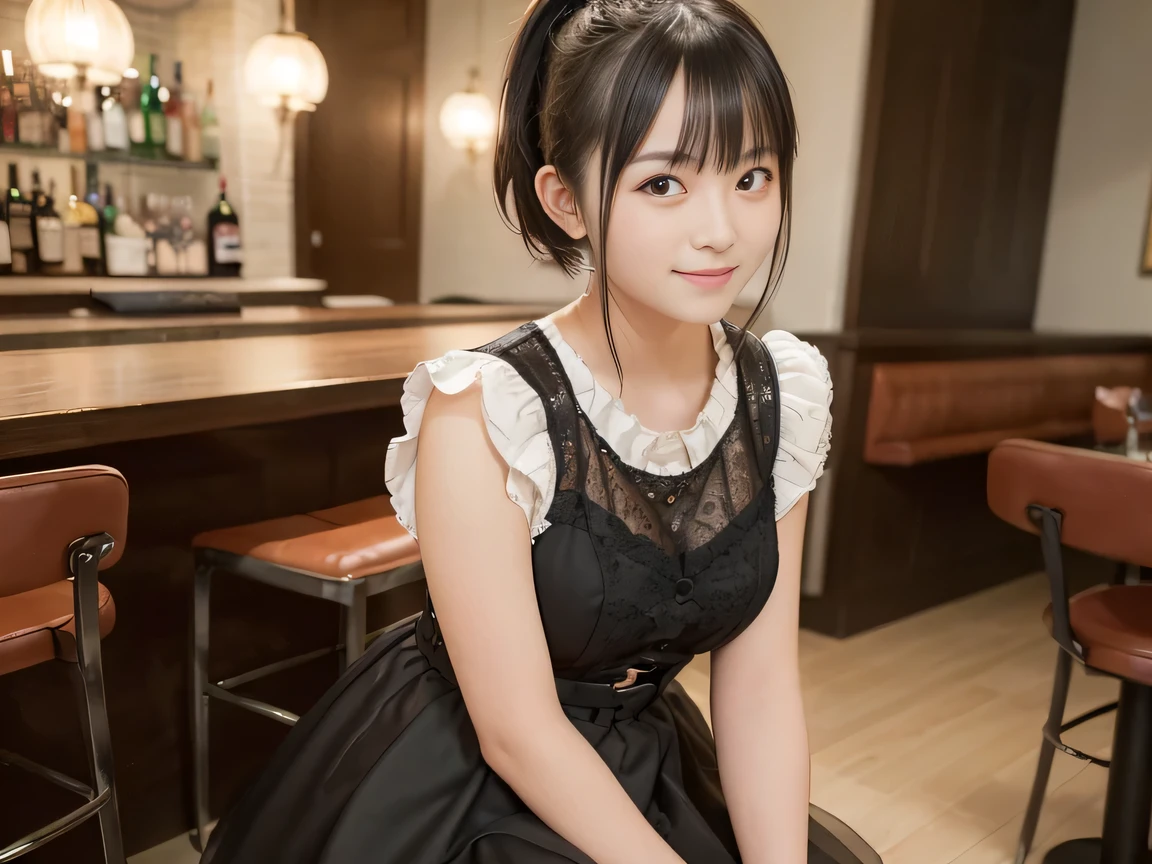 (Highest quality, masterpiece, Ultra-high resolution, 8K, RAW Photos, Realistic, Anatomically correct:1.5), 20-year-old girl:1.2, Embarrassing, avert your eyes, blush:1.0, View Viewer, ((Bar Lounge)) 、Night view、 Light:1.2, Bokeh, Cinema Lighting:1.0, Depth of written boundary, sharp、 Cute face、Idol、Black short sleeve lace top、Black pleated skirt、Black clothing、”dwarf”、(Floral clothes)、(Full Body Shot)、Side angle、Cowboy Shot、 smile、(Ultra short hair、Short ponytail)、(Straight bangs)、((See-through))、(( One Girl))、Large Breasts、
