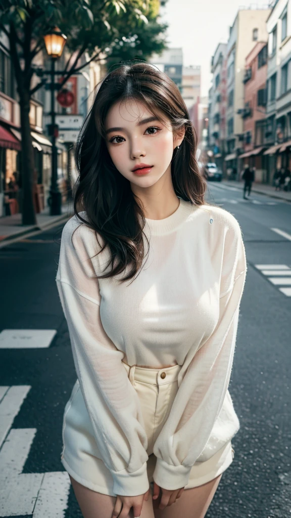 (best quality,16,000,high resolution,masterpiece:1.2),very detailed,(realistic,realistic,realistic:1.37),Korean Fashion Beauty,Japanese and Korean beauties,cute and y,Eyes and face are detailed,beautiful and delicate lips,white teeth,long eyelashes,slime,The clothes are fashionable,shorts short skirts,Nasiti,plump upper circumference,big bust,split,(Beloved,sexerson:1.1),colorful street background,stylish clothes and accessories,The texture of the clothes is soft,portrait style photography,vivid colors,Street lamp.