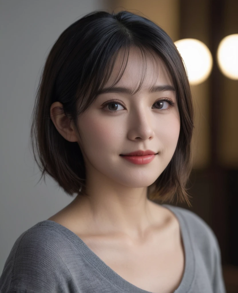 (Canon RF85mm f/1.2,best quality,Reality:1.4,light),Best quality,masterpiece,Ultra-high resolution,(Realism:1.5),original photo,1 Girl,Lower shoulder,in the darkness,Deep Shadows,Low profile,Cold Light,Attractive appearance,short hair,Half-length photo,Smiling