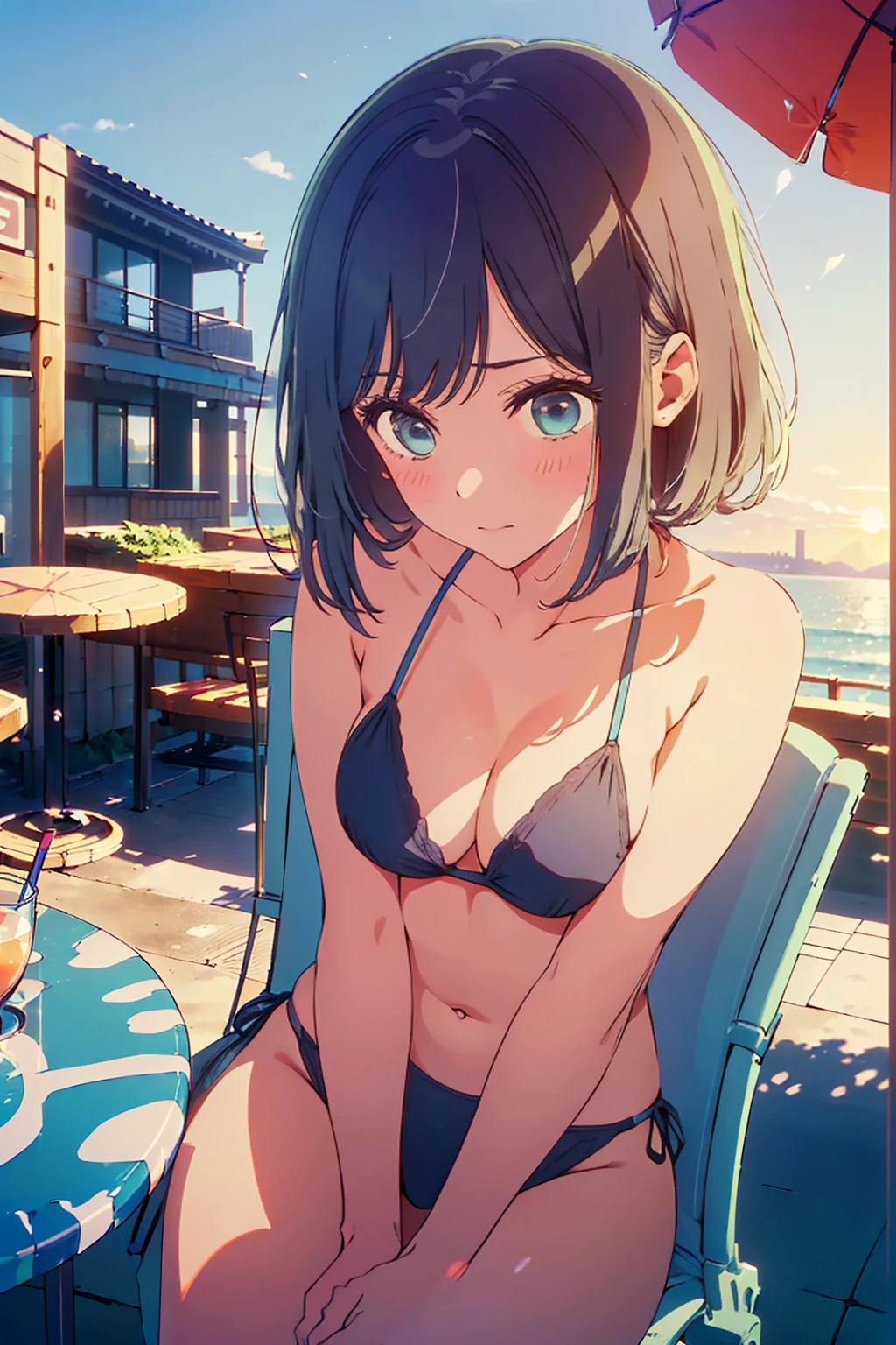 (Highest quality:1.4、masterpiece:1.4、Super detailed:1.4、8K:1.4)、F cup bust、Big Breasts、Slim body、((((1 person、Surprised expression、Sit on a chair、In the background are the urban buildings of Tokyo、looking at the camera、Outdoor café terrace、Sunset Beach、Navy hair color、juice、table、sunset、Very cute face))))、(Pose with hands tucked behind ears:1.4、Cheek resting on hand:1.4)、((nude、Areola、bikini size too small))、A completely cloudless sky、Big eyes、((((Shallow depth of field))))