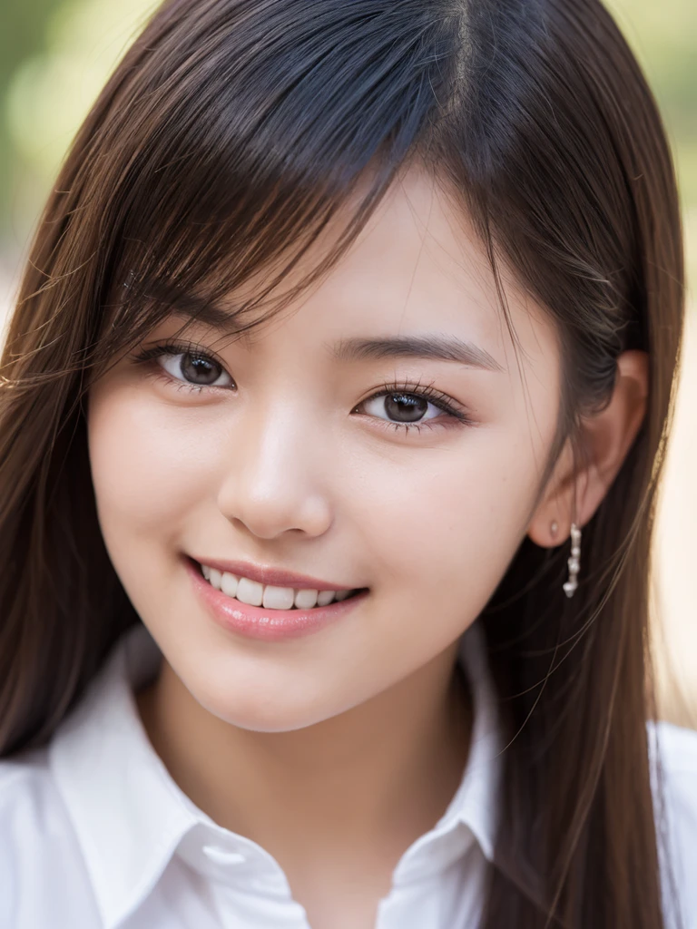 (In 8K, Highest quality, Tabletop, Ultra-high resolution, High quality face:1.5), (Very detailed), Staring at you, (Young adult girl:1.3),(Photorealistic:1.4) (Heart-Pounding Close-Ups:1.6), 1 beautiful girl, White skin, (とてもWhite skin, Glittering Skin:1.4), Pin Spot Light, (Beautiful Eyes, Light in your eyes), Shiny, Bright straight hair, Black Hair, hair longer than butt, Thin Hair,, Squint your eyes and laugh, Dazzling Smile, de luz, cute, refreshing, ((Beautiful woman in a white shirt)), (Japanese),Portraiture, Warm texture