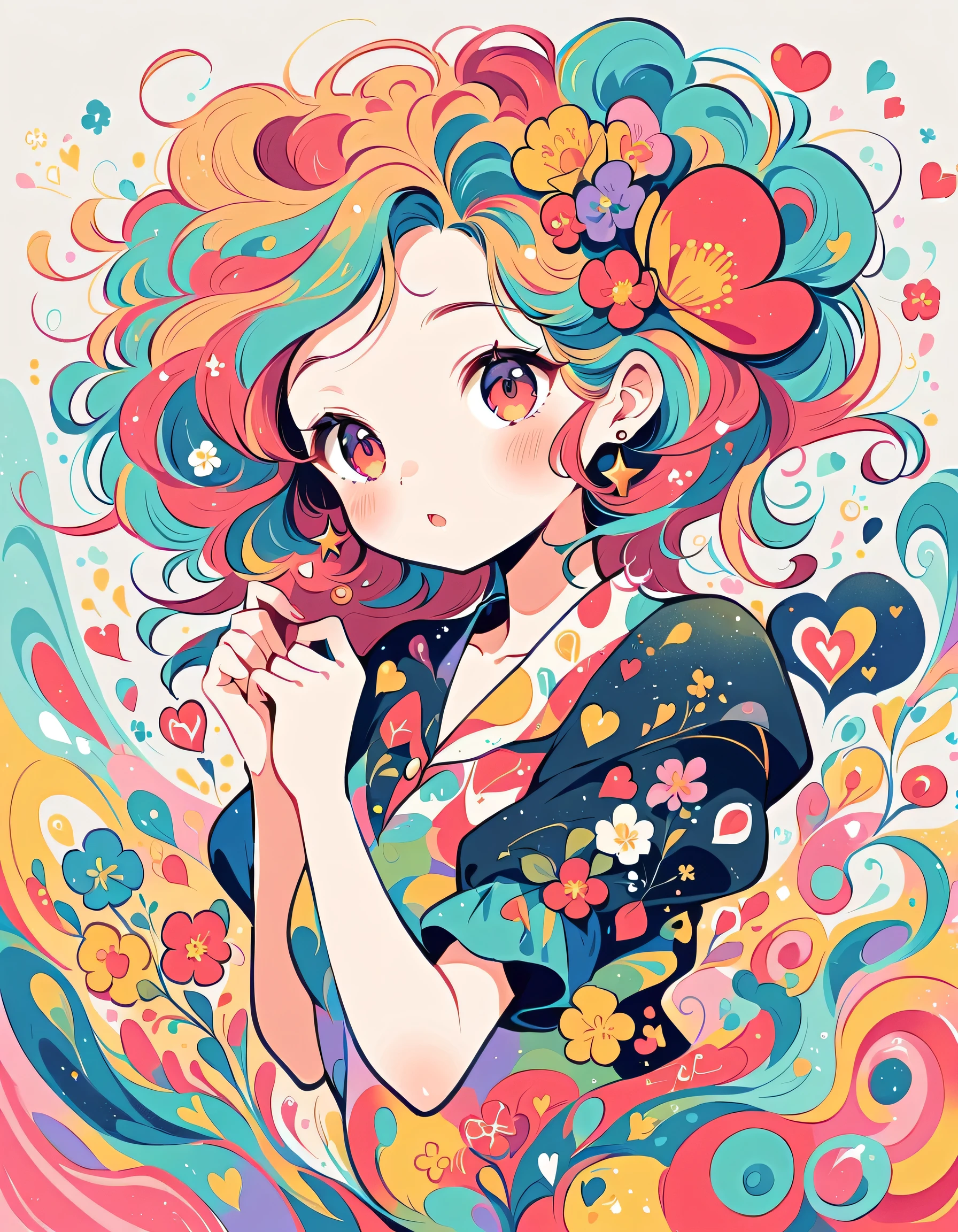 Black Star Red and White style, Simple Line Initialism,Abstract art,Urban Background, colorful hearts ,colorful flowers, (((The most beautiful girl of all time))), playing, Cute and colorful amoeba