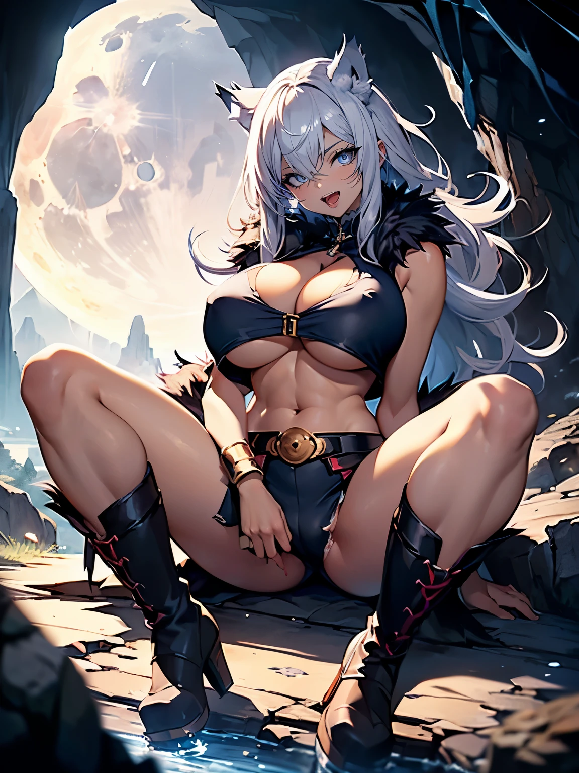 ((Seductive Anime lady:1.3, solo:1.5))、((fusion of wolf and lady:1.4))、((open legs sitting, on the big rock))、((gray color, fur and lather clothes))、((fur boots))、((looking down at viewer))、((from below))、((wild:1.3))、((Being in cave:1.3)), ((fullmoon night))、((slant eyes))、erect nipples、((underboob:1.3))、((open clothes:1.2))、((torn and ripped clothes:1.2))、((crop top navel:1.2))、(huge breasts:1.2))、((cleavage))、((highleg))、((sleeveless:1.2))、abdominal muscle、Glossy realistic skin texture、shiny skin、masterpiece, ultra-detailliert, 8k, hiquality, Top image quality, Smooth texture、watercolor