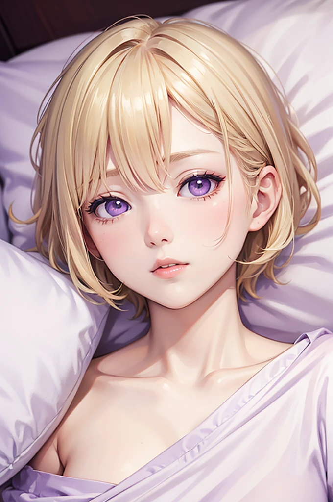 blonde, short hair, girl1, sleep in bed, (White sheets), (White pillow),close up of face, completely nude, pale purple eyes,