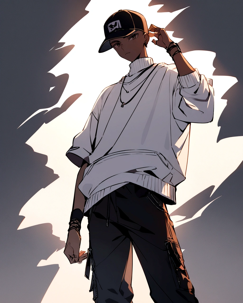Create an anime-style illustration of a boy's character with a solid white color background. The boy should be wearing a hip-hop style cap, white sneakers, and a white sweater paired with black pants. . The overall look should convey a trendy and sporty vibe."