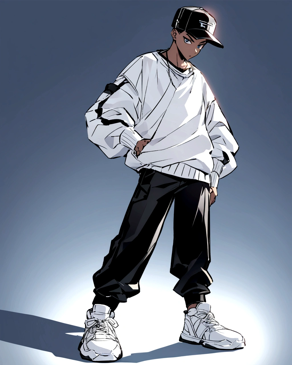 Create an anime-style illustration of a boy's character with a solid white color background. The boy should be wearing a hip-hop style cap, white sneakers, and a white sweater paired with black pants. . The overall look should convey a trendy and sporty vibe."