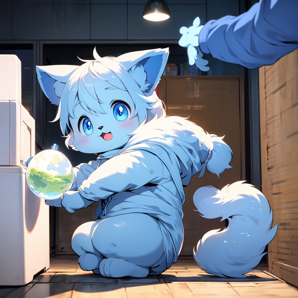 He is a short, deformed, mascot-style light blue cat character in the style of an illustrator's illustration. He is a very fluffy, energetic and cute boy who is a wizard who uses musical magic. He has sparkling light blue eyes like the universe, gold star-shaped accessories on his tail and ears, and a navy blue hat with a pattern of stars and musical notes.
