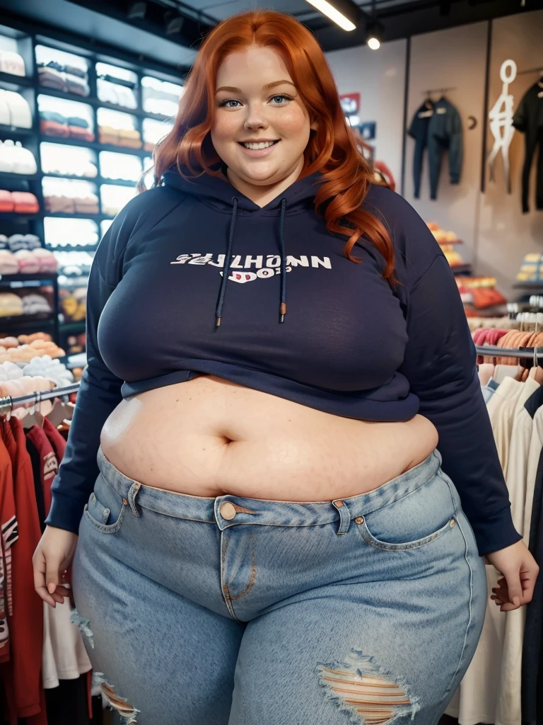 A happy photo of a young cute redhead bbw with long wavy ginger hair, huge soft fat belly, wide fat obese hips, thick fat legs and fat arms, cute pretty face, small breasts, blue eyes, freckles, in a cute simple tight blue hoodie with, and long ripped jeans trousers, shopping new hoodies in a clothes shop