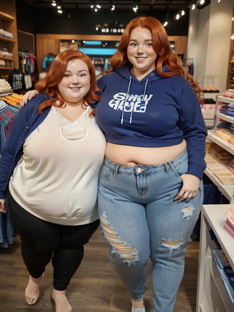 A happy photo of a young cute redhead bbw with long wavy ginger hair, huge soft fat belly, wide fat obese hips, thick fat legs and fat arms, cute pretty face, small breasts, blue eyes, freckles, in a cute simple tight blue hoodie with, and long ripped jeans trousers, shopping new hoodies in a clothes shop