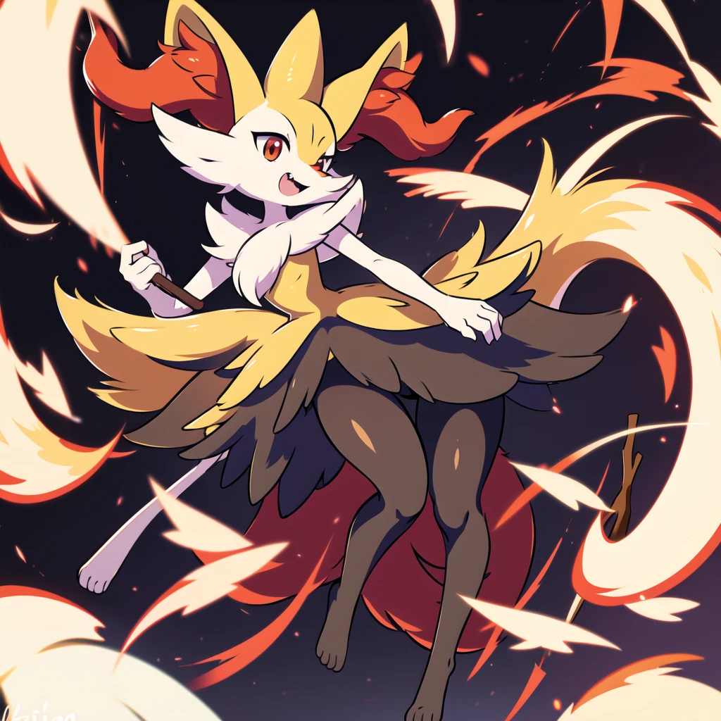 1girl, solo, looking at viewer, smile, open mouth, simple background, red eyes, white background, holding, animal ears, standing, tail, full body, fang, hand up, signature, flat chest, animal ear fluff, fox ears, pokemon (creature), fox tail, happy, fox girl, furry, skin fang, furry female, body fur, white fur, animal nose, snout, stick, yellow fur, black fur, holding stick, digitigrade, multicolored fur , braixen, 8K, masterpiece, beautiful