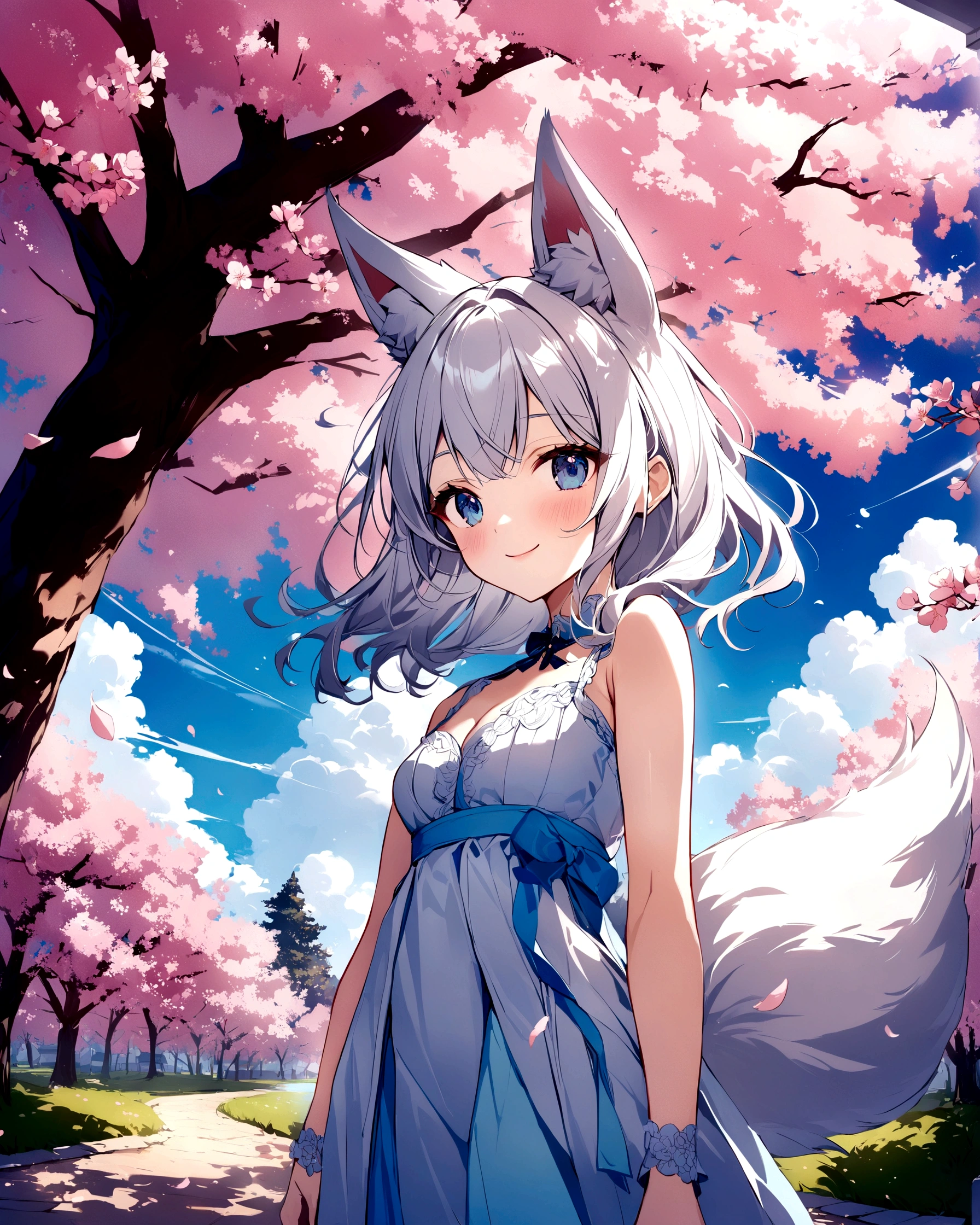 Scenery with An adult nekogirl princess ((neko ears)) ((fox tail)) white hair, bright light blue eyes, sexy kimono, smile in foreground beautiful colours, trees , cherry blossom , High quality image, full details, nice colour, master peace, bright colours, clouds wallpaper, most beautiful blue sky and clouds