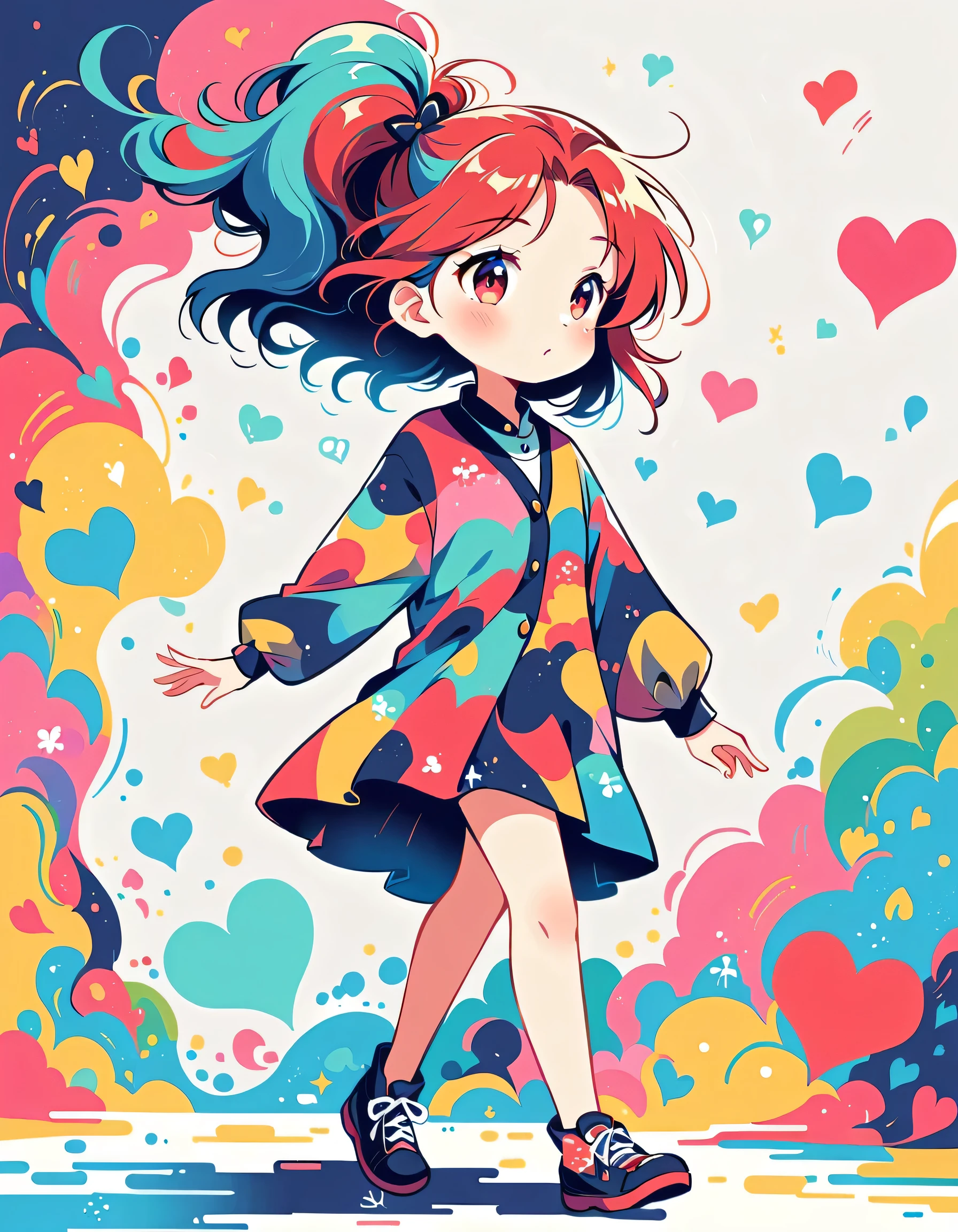 Black Star Red and White style, Simple Line Initialism，Abstract art，Urban Background, colorful hearts ,colorful hearts, (((The most beautiful girl of all time))), walking, Cute and colorful amoeba