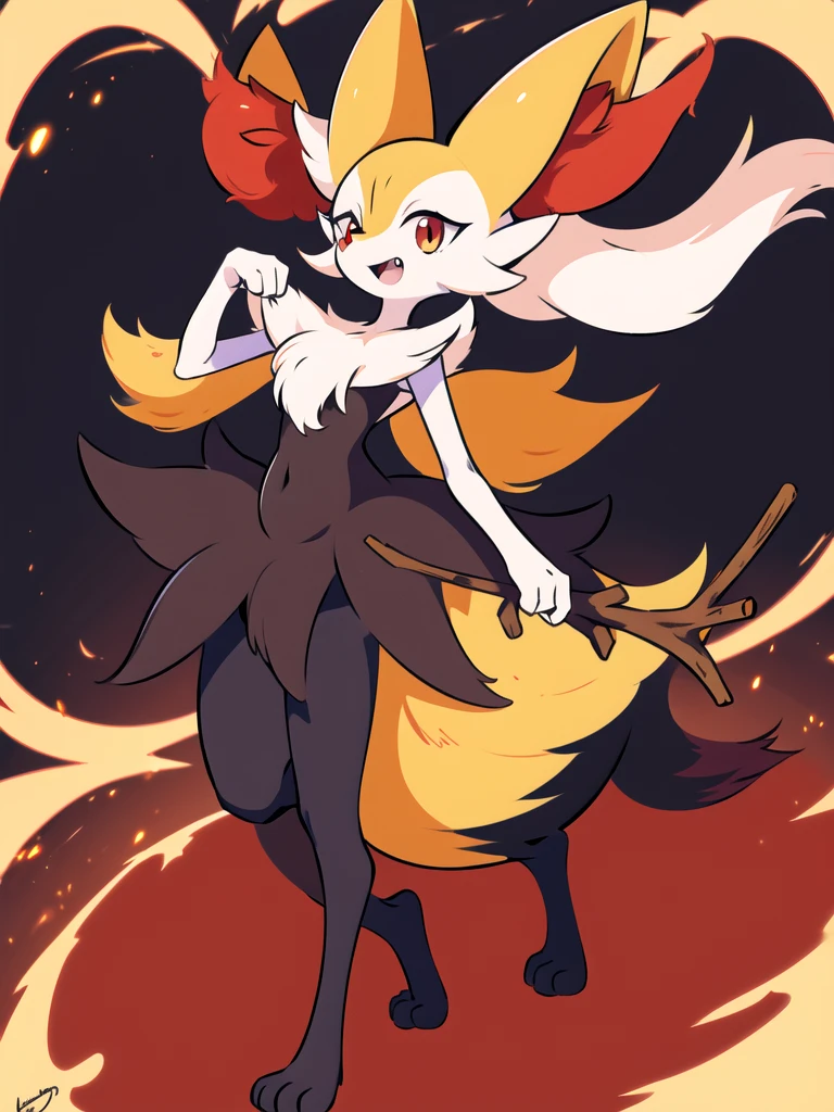 1girl, solo, looking at viewer, smile, open mouth, simple background, red eyes, white background, holding, animal ears, standing, tail, full body, fang, hand up, signature, flat chest, animal ear fluff, fox ears, pokemon (creature), fox tail, happy, fox girl, furry, skin fang, furry female, body fur, white fur, animal nose, snout, stick, yellow fur, black fur, holding stick, digitigrade, multicolored fur , braixen, 8K, masterpiece, beautiful